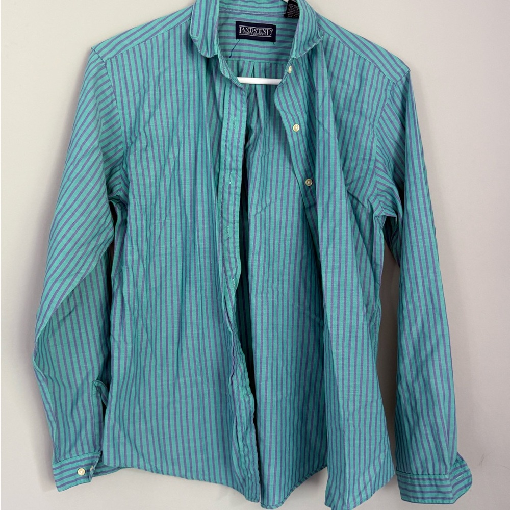 Lands' End Men's Teal and Blue Striped Shirt